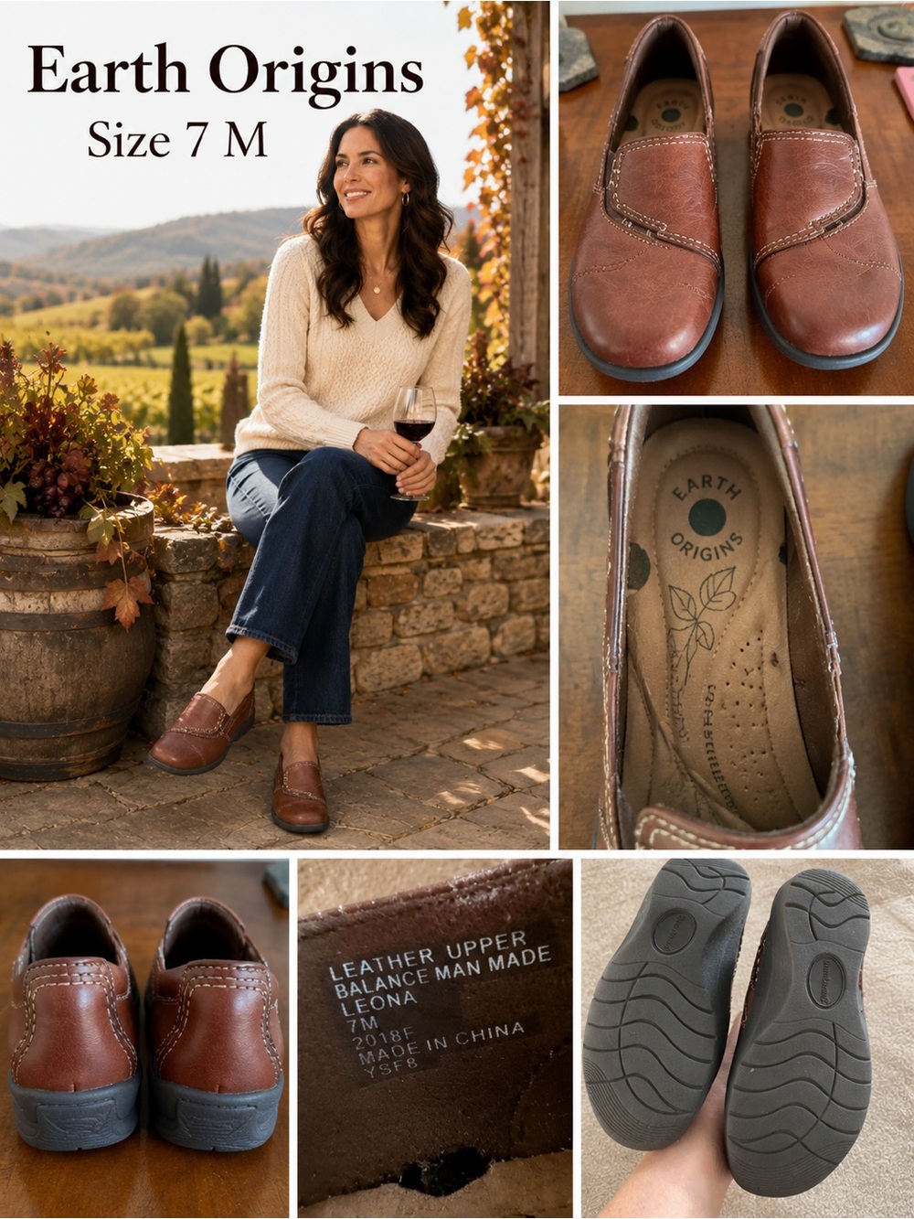 Earth Origins Leona Brown Leather Comfort Slip On Shoes Size 7 M